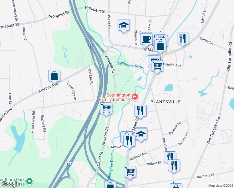 map of restaurants, bars, coffee shops, grocery stores, and more near 185 Atwater Street in Southington