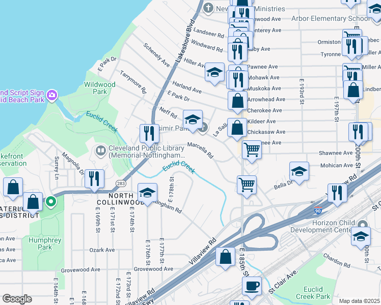 map of restaurants, bars, coffee shops, grocery stores, and more near 18106 Marcella Road in Cleveland
