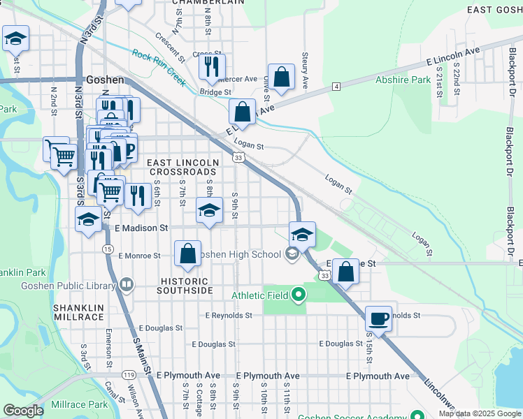 map of restaurants, bars, coffee shops, grocery stores, and more near 313 South 10th Street in Goshen