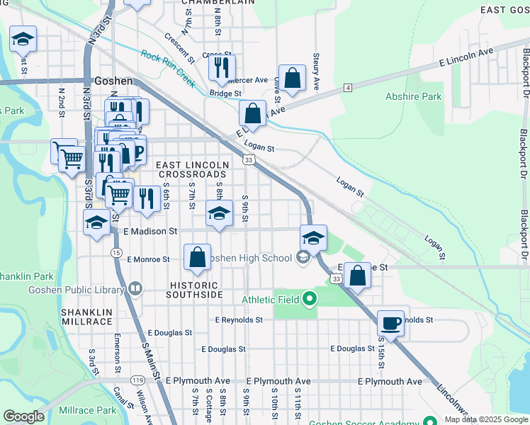 map of restaurants, bars, coffee shops, grocery stores, and more near 313 South 10th Street in Goshen