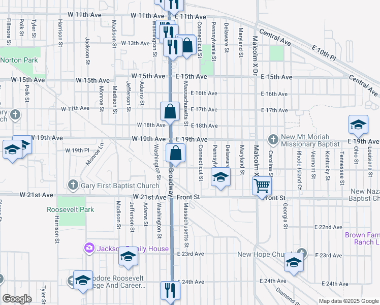 map of restaurants, bars, coffee shops, grocery stores, and more near 1956 Massachusetts Street in Gary