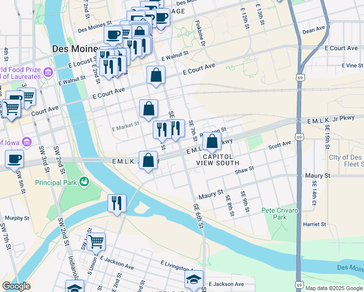 map of restaurants, bars, coffee shops, grocery stores, and more near 416 East 6th Street in Des Moines