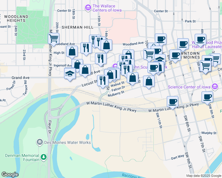 map of restaurants, bars, coffee shops, grocery stores, and more near 1440 Walnut Street in Des Moines