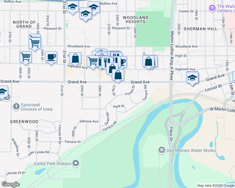 map of restaurants, bars, coffee shops, grocery stores, and more near 2607 Forest Drive in Des Moines