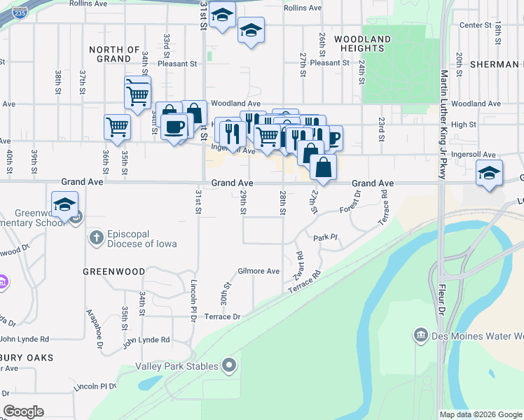 map of restaurants, bars, coffee shops, grocery stores, and more near 2825 Ridge Road in Des Moines