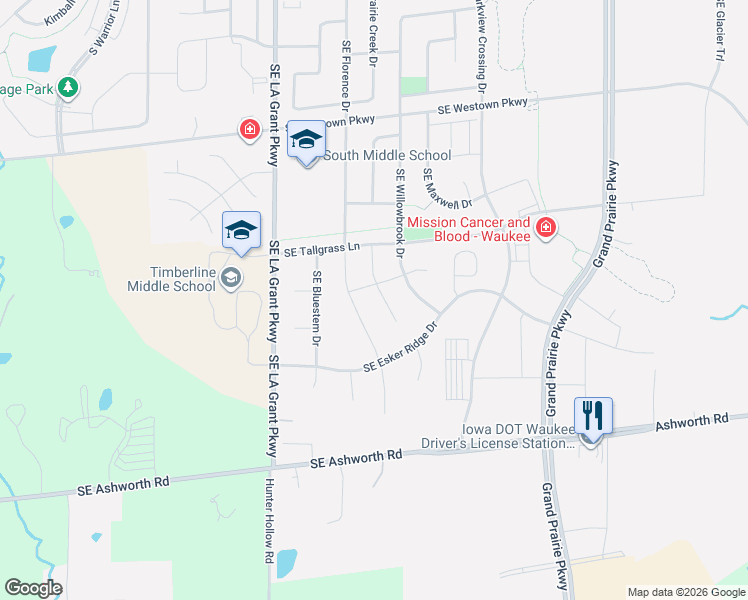 map of restaurants, bars, coffee shops, grocery stores, and more near 2510 Southeast Florence Drive in Waukee