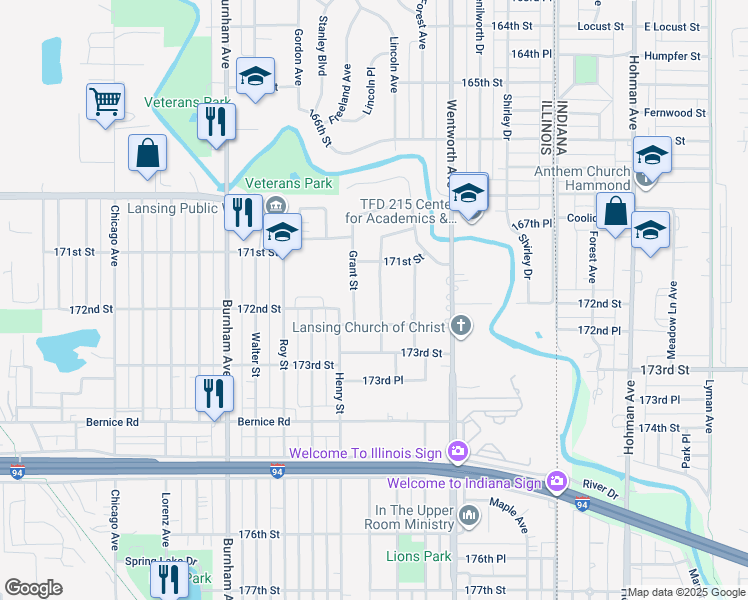 map of restaurants, bars, coffee shops, grocery stores, and more near 17148 William Street in Lansing