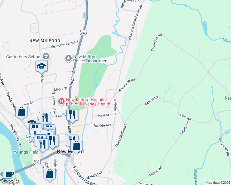 map of restaurants, bars, coffee shops, grocery stores, and more near 111 Elm Street Extention in New Milford
