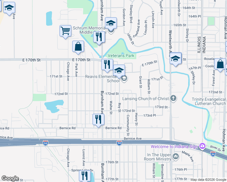 map of restaurants, bars, coffee shops, grocery stores, and more near 17156 172nd Street in Lansing