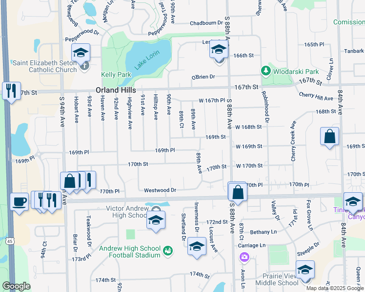 map of restaurants, bars, coffee shops, grocery stores, and more near 8932 169th Place in Orland Hills