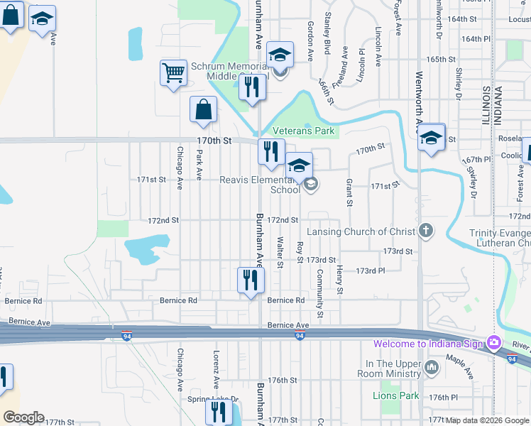 map of restaurants, bars, coffee shops, grocery stores, and more near 17153 Burnham Avenue in Lansing