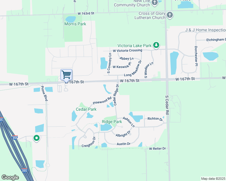 map of restaurants, bars, coffee shops, grocery stores, and more near 15119 Laurel Lane in Lockport