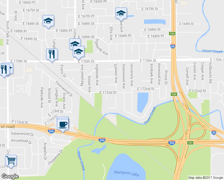 map of restaurants, bars, coffee shops, grocery stores, and more near 1012 East 172nd Street in South Holland