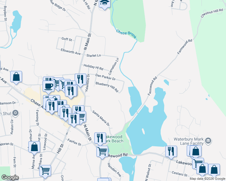 map of restaurants, bars, coffee shops, grocery stores, and more near 118 Blueberry Hill Road in Waterbury