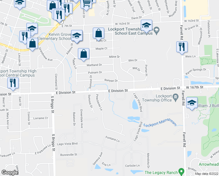 map of restaurants, bars, coffee shops, grocery stores, and more near 1020 East Division Street in Lockport