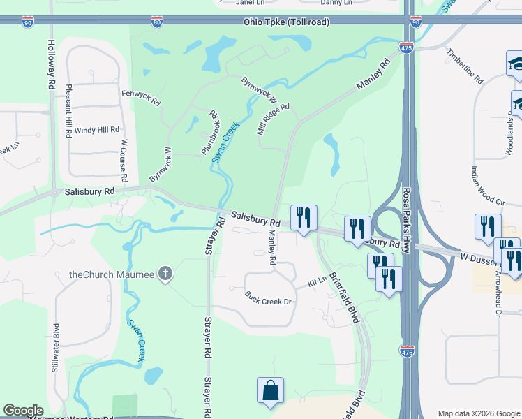map of restaurants, bars, coffee shops, grocery stores, and more near 6640 Salisbury Road in Maumee