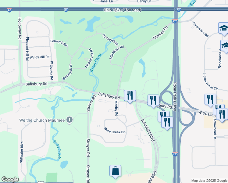 map of restaurants, bars, coffee shops, grocery stores, and more near 6640 Salisbury Road in Maumee