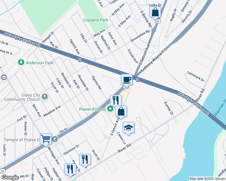 map of restaurants, bars, coffee shops, grocery stores, and more near 2630 7th Street in Maumee