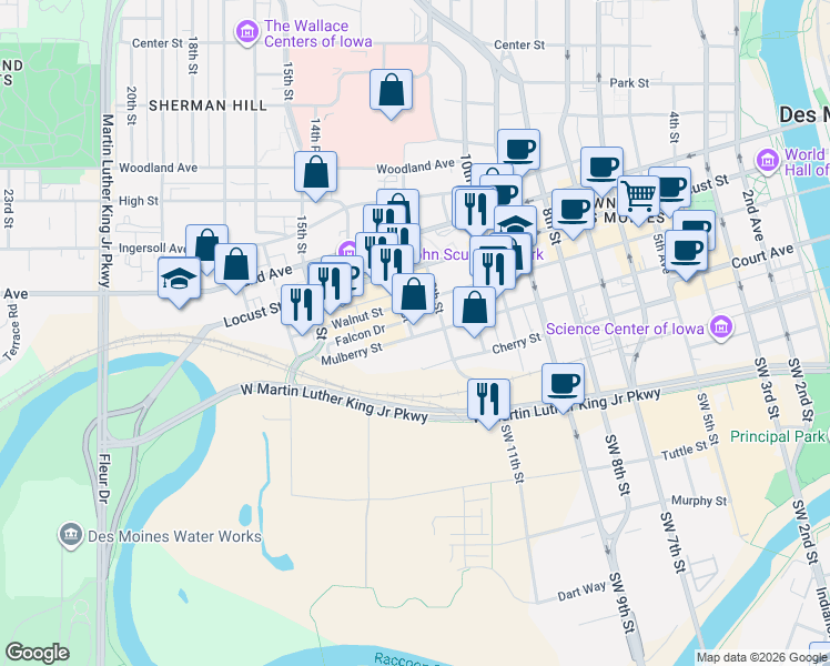map of restaurants, bars, coffee shops, grocery stores, and more near 1301 Mulberry Street in Des Moines