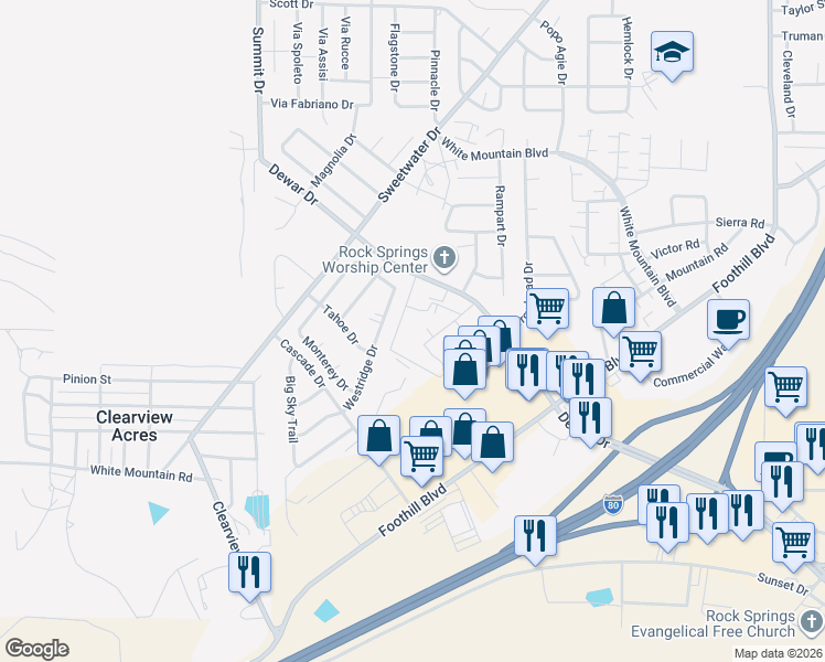 map of restaurants, bars, coffee shops, grocery stores, and more near 3290 Dewar Drive in Rock Springs