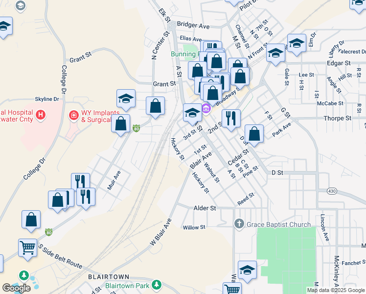 map of restaurants, bars, coffee shops, grocery stores, and more near 90 2nd Street in Rock Springs