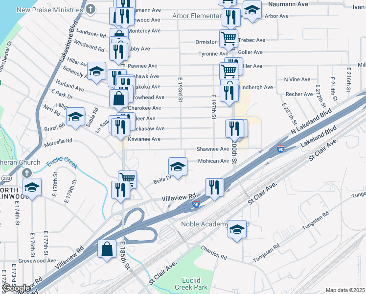 map of restaurants, bars, coffee shops, grocery stores, and more near 19300 Shawnee Avenue in Cleveland