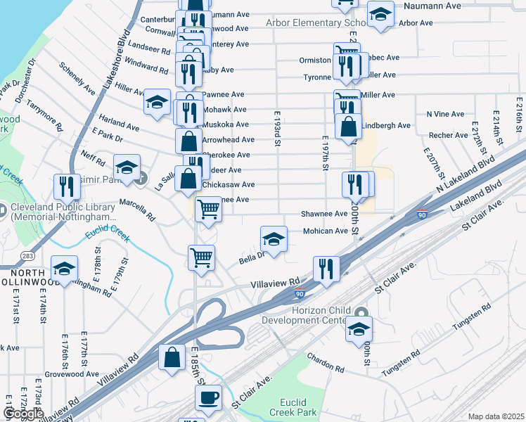 map of restaurants, bars, coffee shops, grocery stores, and more near 19102 Shawnee Avenue in Cleveland