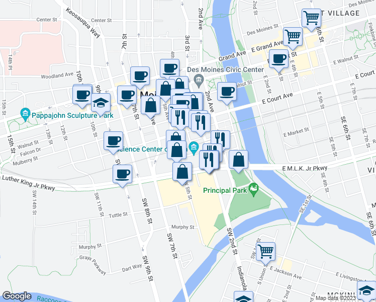 map of restaurants, bars, coffee shops, grocery stores, and more near 401 Market Street in Des Moines