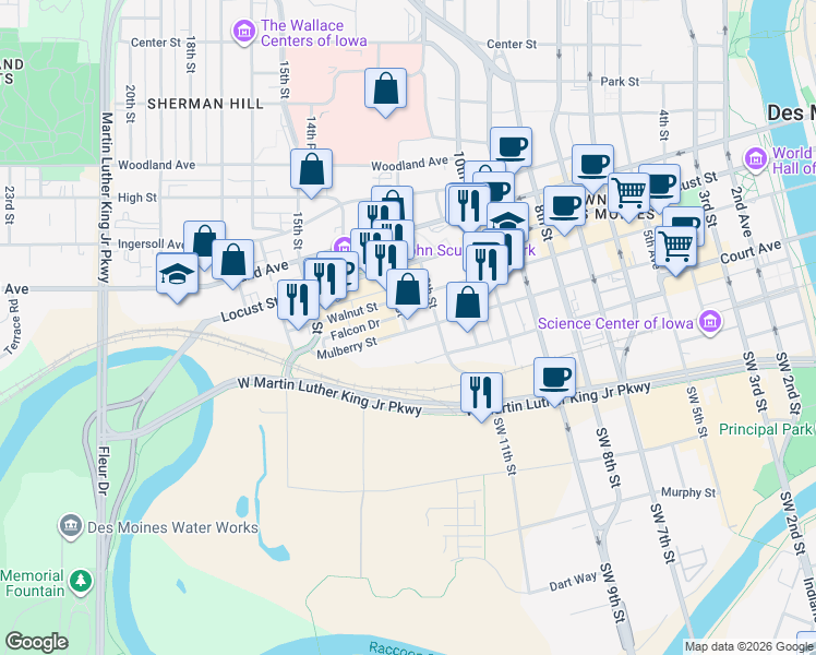 map of restaurants, bars, coffee shops, grocery stores, and more near 1216 Mulberry Street in Des Moines