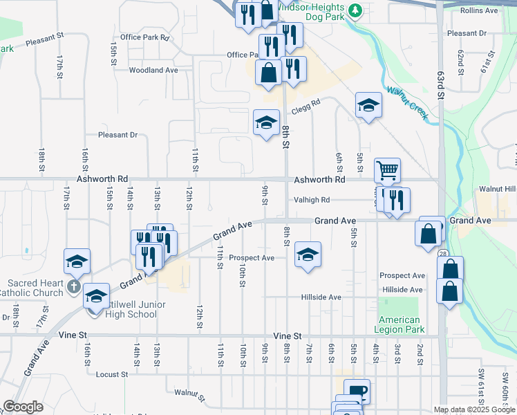 map of restaurants, bars, coffee shops, grocery stores, and more near 515 East Locust Street in West Des Moines