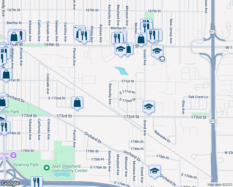 map of restaurants, bars, coffee shops, grocery stores, and more near 7140 Maryland Avenue in Hammond