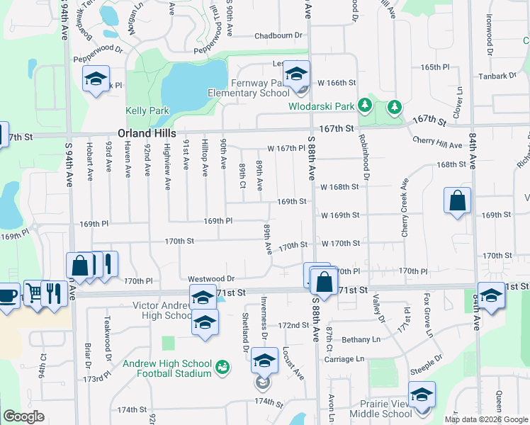 map of restaurants, bars, coffee shops, grocery stores, and more near 8900 169th Place in Orland Hills