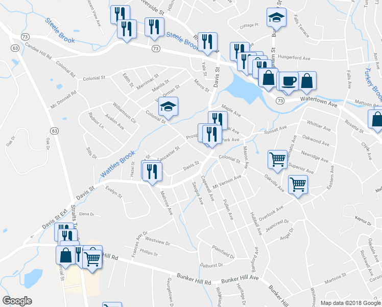 map of restaurants, bars, coffee shops, grocery stores, and more near 165 Colonial Street in Watertown