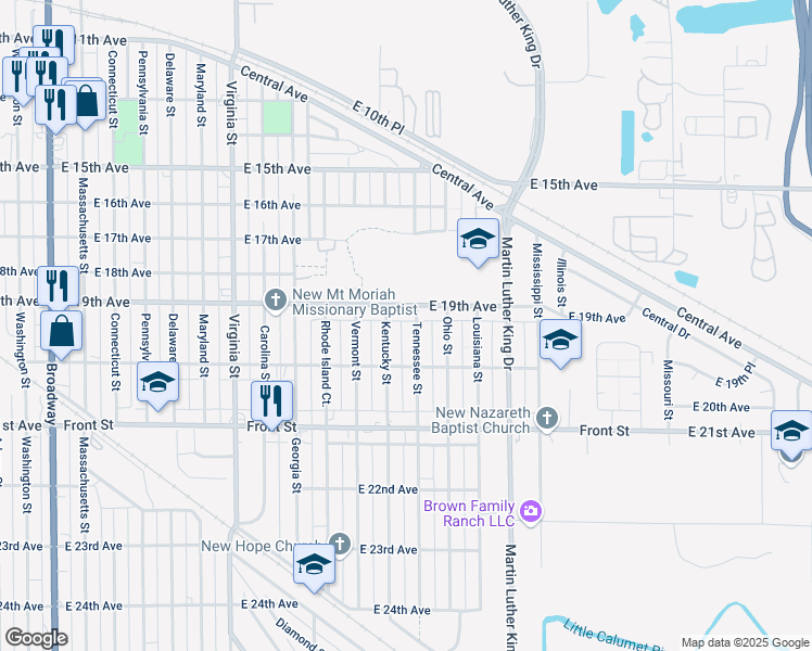 map of restaurants, bars, coffee shops, grocery stores, and more near 1924 Tennessee Street in Gary