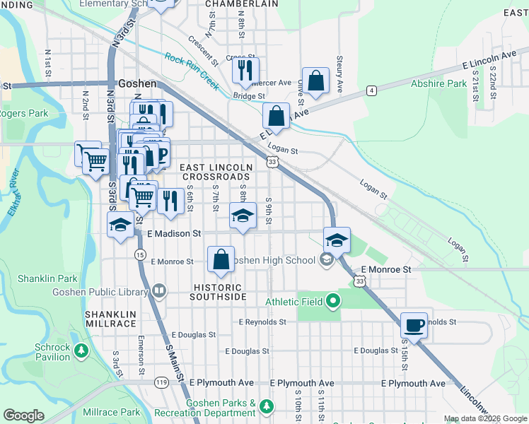 map of restaurants, bars, coffee shops, grocery stores, and more near 313 South 9th Street in Goshen