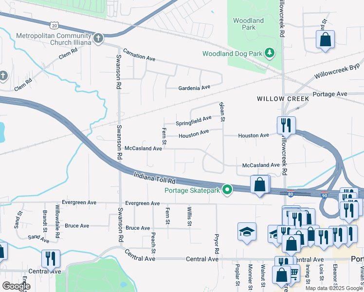 map of restaurants, bars, coffee shops, grocery stores, and more near 5766 McCasland Avenue in Portage