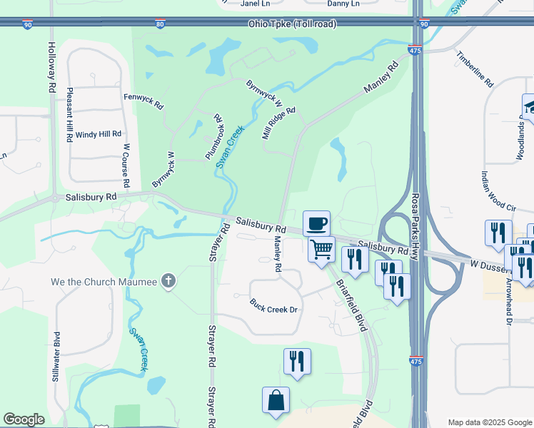 map of restaurants, bars, coffee shops, grocery stores, and more near 6640 Salisbury Road in Maumee