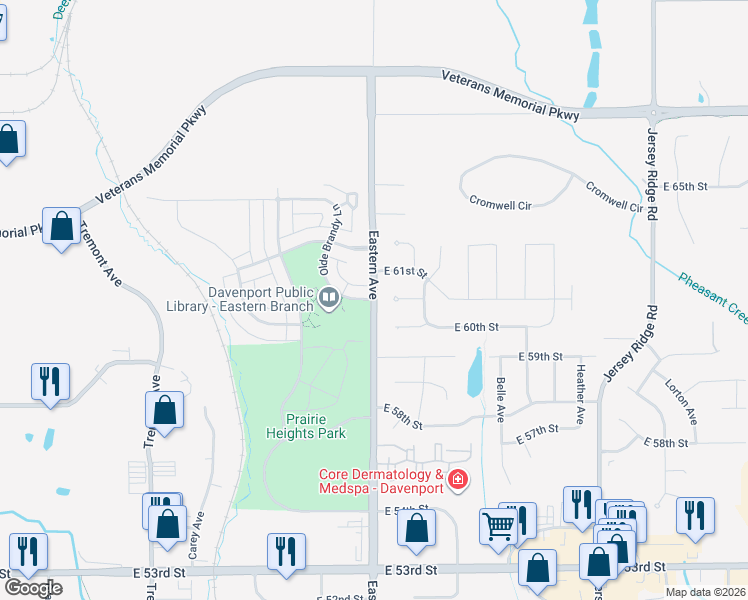 map of restaurants, bars, coffee shops, grocery stores, and more near 5915 Eastern Avenue in Davenport