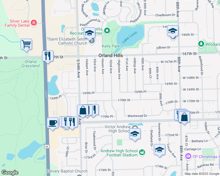 map of restaurants, bars, coffee shops, grocery stores, and more near 16838 92nd Avenue in Orland Hills