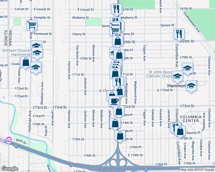 map of restaurants, bars, coffee shops, grocery stores, and more near 7149 Jefferson Ave in Hammond