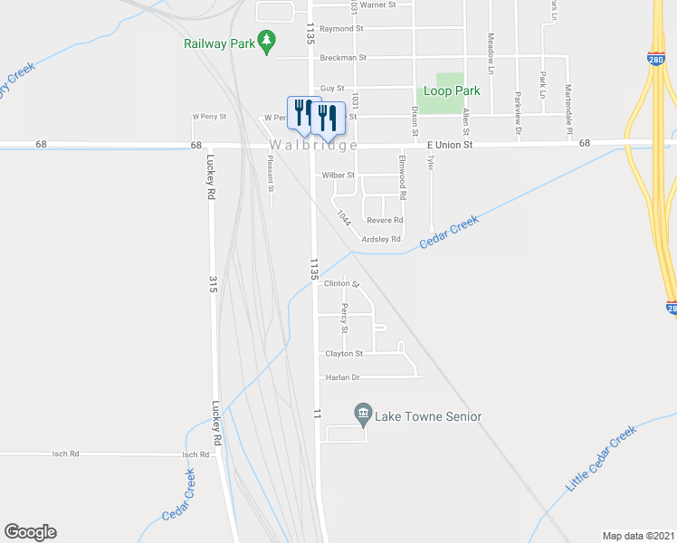 map of restaurants, bars, coffee shops, grocery stores, and more near 103 Cedar Court in Walbridge
