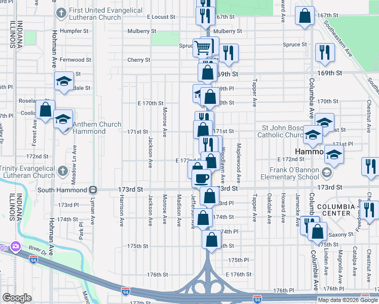 map of restaurants, bars, coffee shops, grocery stores, and more near 7149 Jefferson Ave in Hammond
