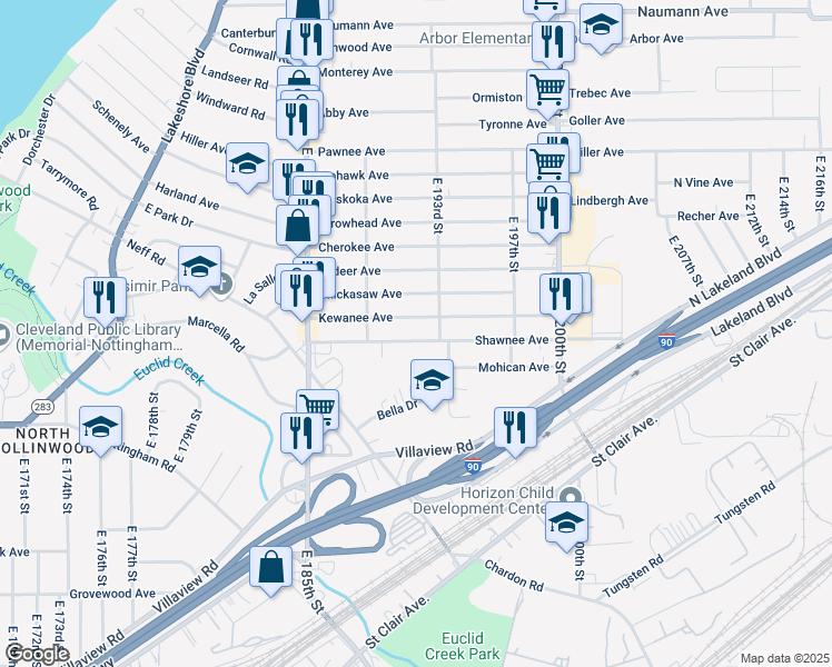 map of restaurants, bars, coffee shops, grocery stores, and more near 19102 Shawnee Avenue in Cleveland