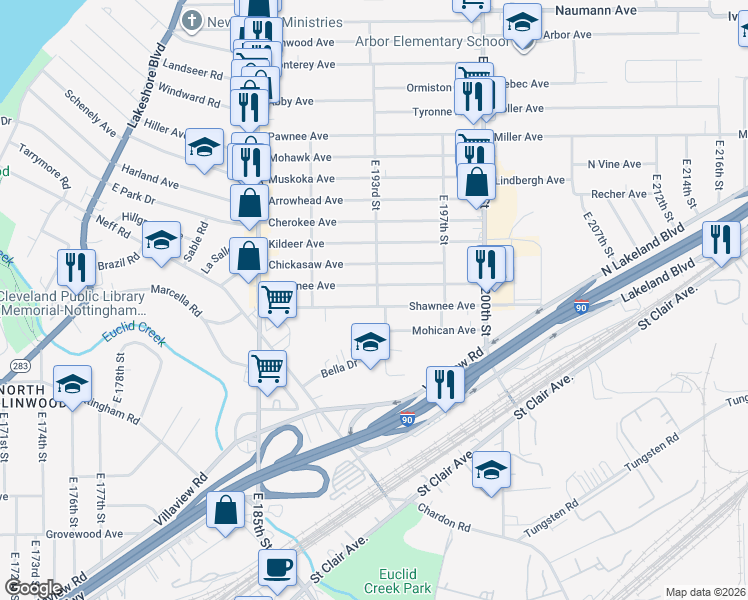 map of restaurants, bars, coffee shops, grocery stores, and more near 19300 Shawnee Avenue in Cleveland