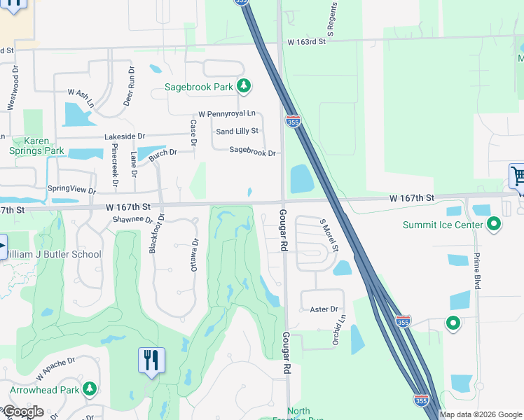 map of restaurants, bars, coffee shops, grocery stores, and more near 16755 South Sunset Ridge Court in Lockport