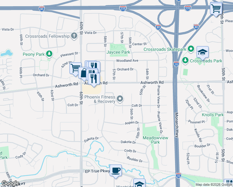 map of restaurants, bars, coffee shops, grocery stores, and more near 913 57th Place in West Des Moines