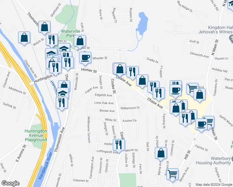 map of restaurants, bars, coffee shops, grocery stores, and more near 936 Cooke Street in Waterbury