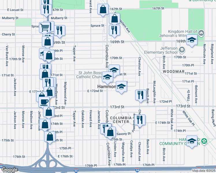 map of restaurants, bars, coffee shops, grocery stores, and more near in Hammond