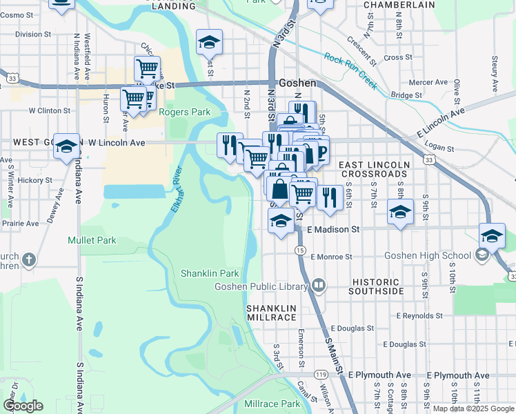 map of restaurants, bars, coffee shops, grocery stores, and more near Millrace Canal Trail in Goshen