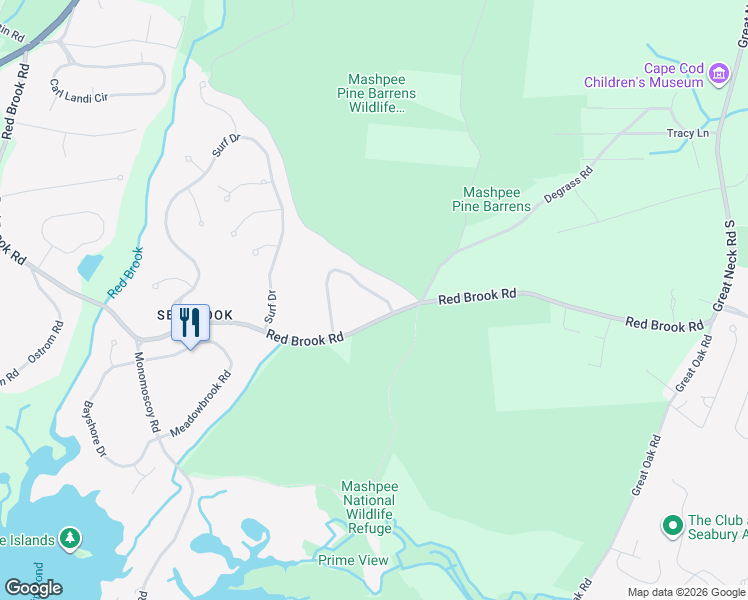 map of restaurants, bars, coffee shops, grocery stores, and more near 5 Wintergreen Road in Mashpee